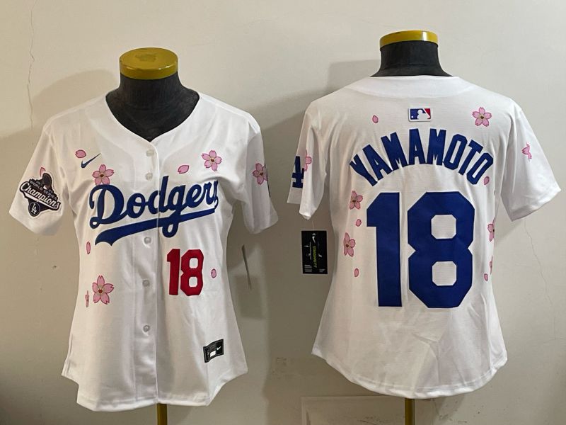 Women Nike 2026 Los Angeles Dodgers #18 Yamamoto White Sakura Edition Game MLB Jersey 03